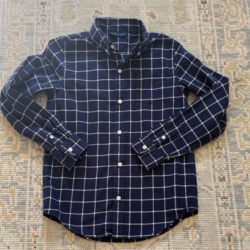 Janie and Jack Navy and White Plaid Flannel Shirt Size 7